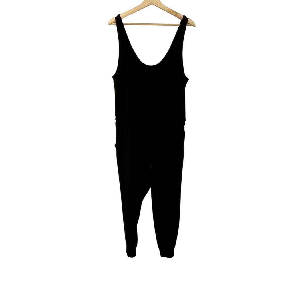 Athleta sleeveless black jumpsuit pockets drawstring waist women's size LP modal